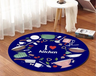 Alfombra redonda de cocina azul: lavable a máquina, antideslizante y decorativa.