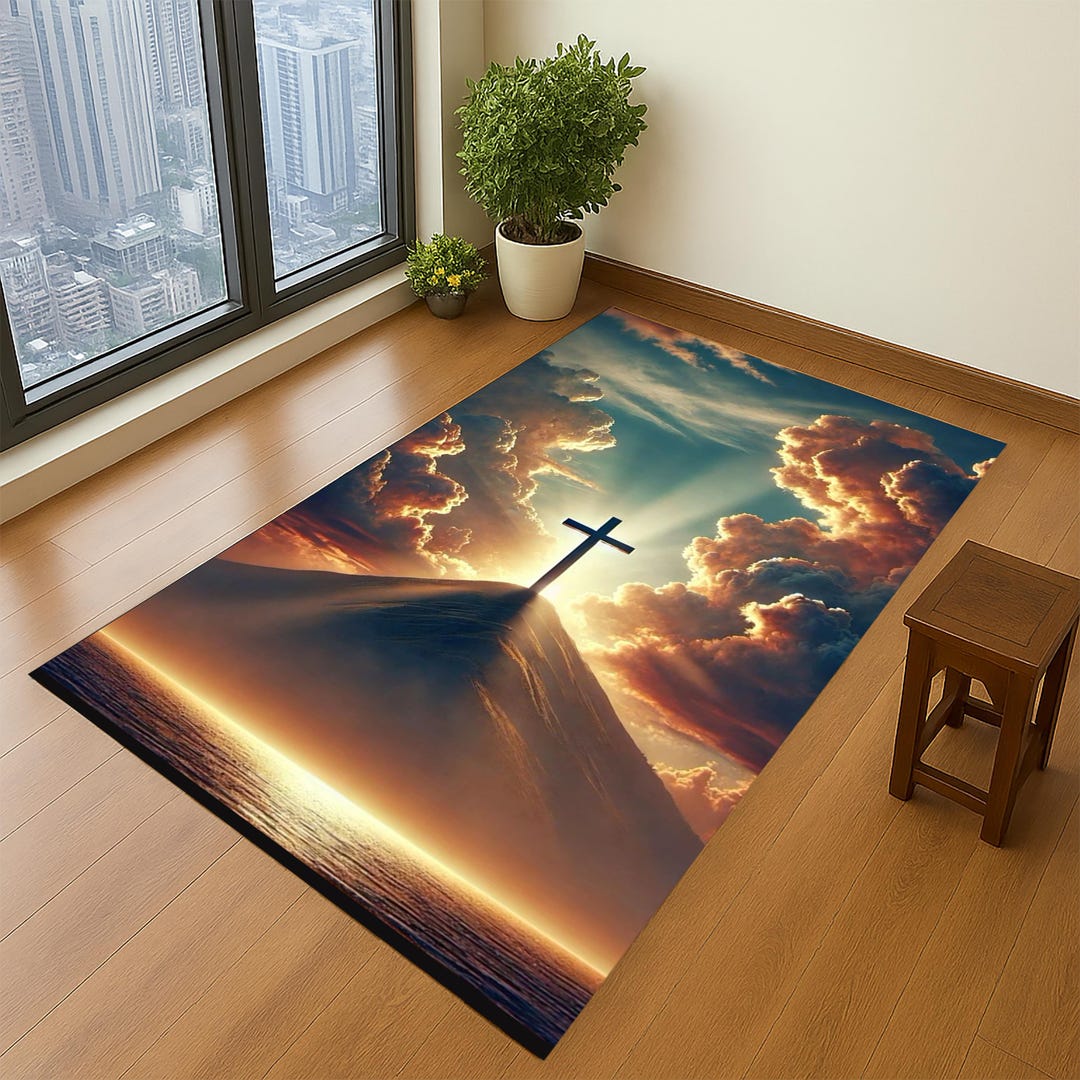 Tuft Rug Jesus Christian Prayer Rug With Cross: Sunset Design, Spiritual Mat ...