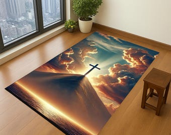 Christian Prayer Rug with Cross: Sunset Design, Spiritual mat, Christian Rug, Jesus Rug, Cross Area Rug,Bible Verse Carpet,Faith Based Decor