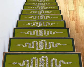 Green Snake Stair Treads: Non-Slip Stair Runner Rug,Green Snake,Serpent Pattern Stair Carpet, Reptile Decor, Gothic Home Decor, Stair Runner