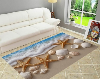 Seashells Beach Rug, Starfish Ocean Wave Desig, Beach Coastal Area Rug,Starfish Seashell Rug,Ocean Inspired Nautical Decor,Summer Home Decor