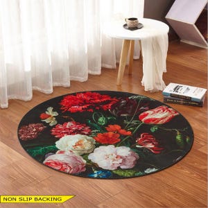 Floral Round Rug: Black Modern Flower Area Rug