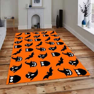 Happy Halloween Rug, Halloween Decor, Kitchen Rug, Pumpkin Decor Rug, Halloween Gift Rug, Orange Decor, Rug for Living Room, Easy to Clean