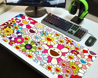 Alfombrilla de ratón con diseño de flores sonrientes, alfombrilla de escritorio de anime kawaii, alfombrilla de ratón para juegos estética colorida
