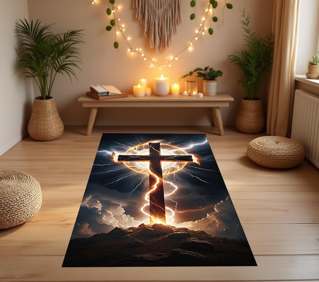 Christian Prayer Rug: Cross Symbol, Sunset Tones, Bible Verse Area Rug ...
