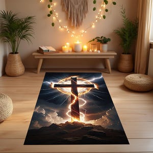 Könnte beinhalten: Ein rechteckiger Teppich mit einer dunklen, dramatischen Szene, die ein hohes, massives Kreuz auf einem felsigen Hügel zeigt. Das Kreuz ist von hellem, wirbelndem goldenem Licht und gezackten weißen Blitzen vor einem bewölkten Himmel umgeben.