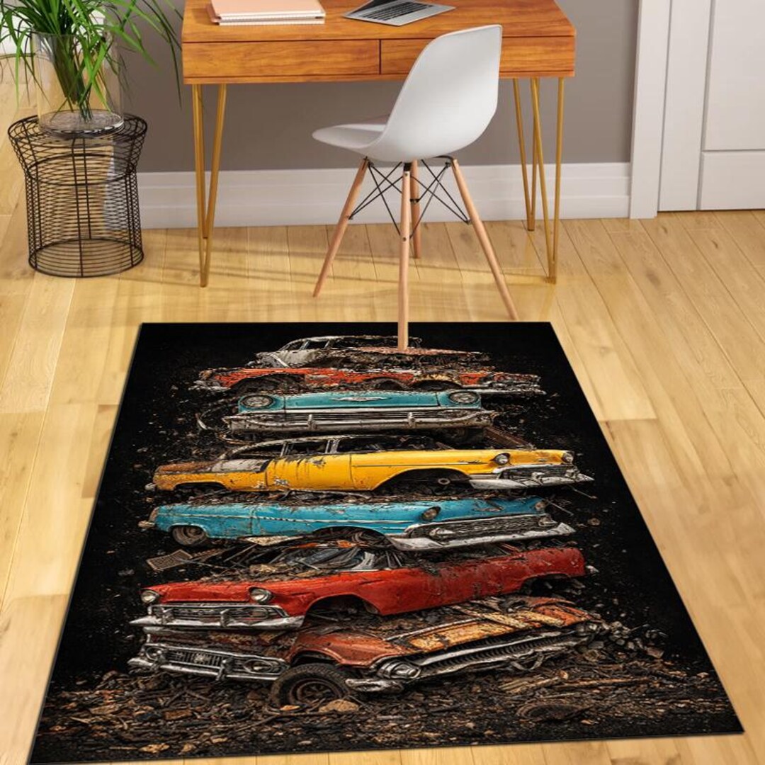 Vintage Cars Area Rug, Classic Muscle Car Rug, Retro Junkyard Car ...