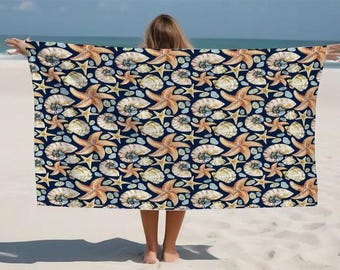 Juego de toallas de playa con forma de estrella de mar: Nombre personalizado, diseño marino.