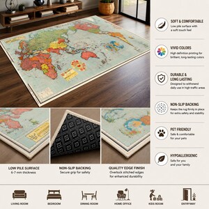 Matta med vintage-motiv för världskartor, antik kartmatta, resetematta, geografidekor, halkfri tvättbar vardagsrumsmatta för kontoret bild 3
