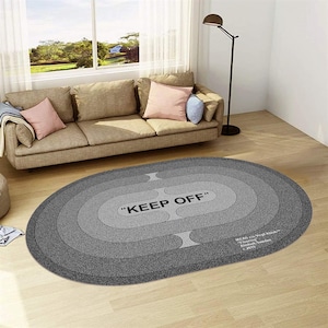 Modern Oval ‘KEEP OFF’ Rug, Minimalist Black and Gray Indoor Carpet, Contemporary Living Room Floor Decor, Statement Area Rug, Non Slip Rug