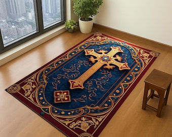 Personalized Christian Prayer Rug, Sunset Cross Meditation Mat, Christian Prayer Rug, Catholic Gift, Prayer Room Rug, Christian Decor