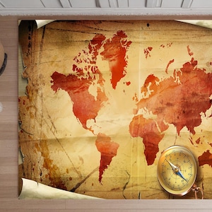 Antique World Map Compass Rug,Map And Compass Rug,Housewarming Gift,Travel Theme Area Carpet, Rustic Floor Mat,Living Room Rug,Office Rug