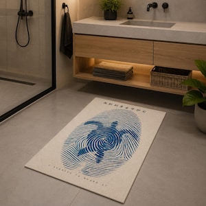 May include: A rectangular bath mat with a cream-colored base featuring a large blue graphic of a sea turtle centered within a fingerprint pattern. The text "I PROMISE TO GUARD IT" is printed in black below the graphic, with Chinese characters above.