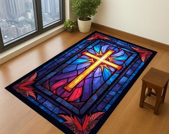 Personalized Christian Prayer Rug: Sunset Cross Meditation Mat