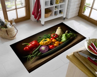 Vegetable Kitchen Rug: Healthy Food Art, Non-Slip Washable Decor