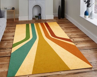 Mid Century Modern Rug: Abstract Geometric Lines, Washable Area Carpet