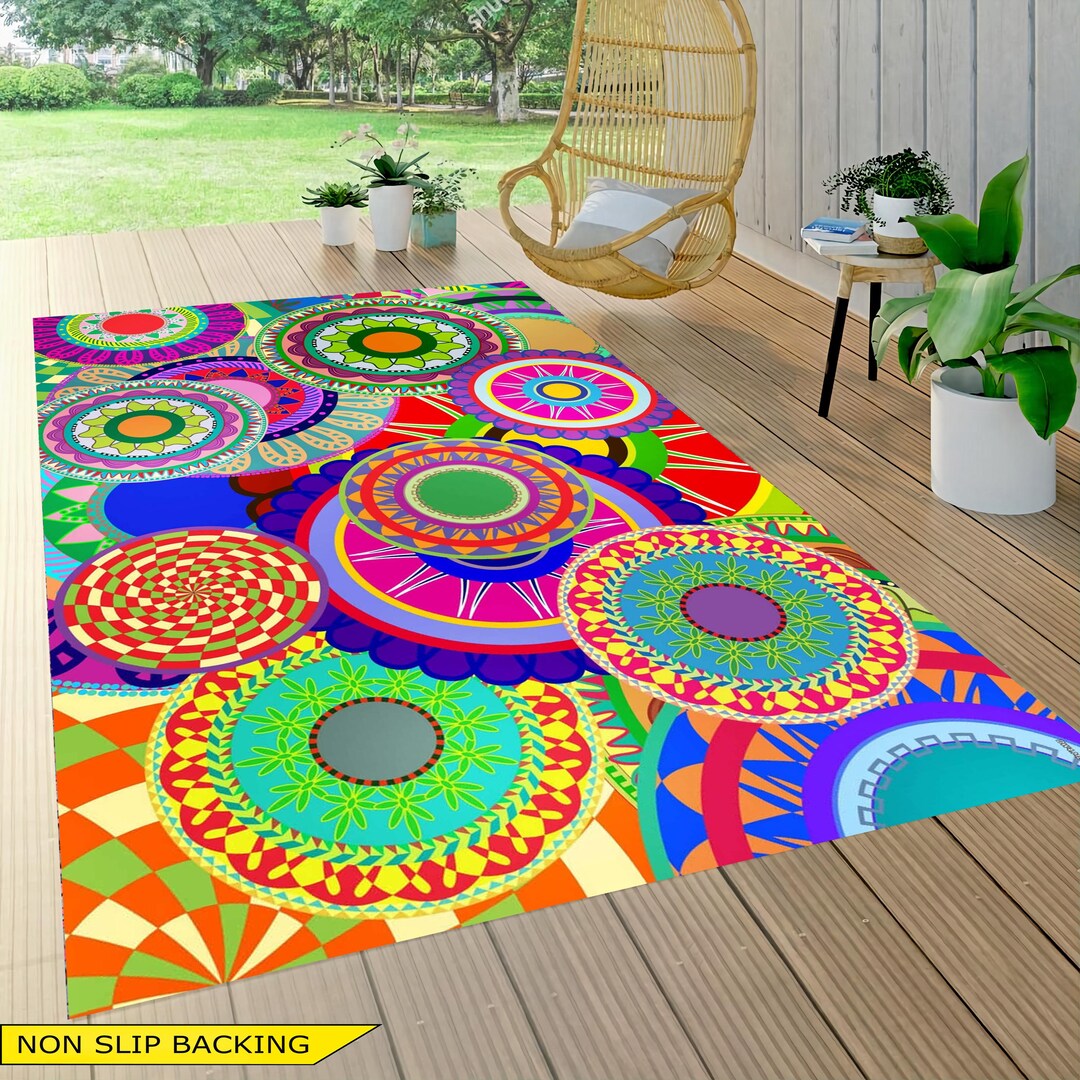 Outdoor Patterned Rug Geometric Indoor Outdoor Rug, Ethnic Medallion Pattern, Patio Decor ...