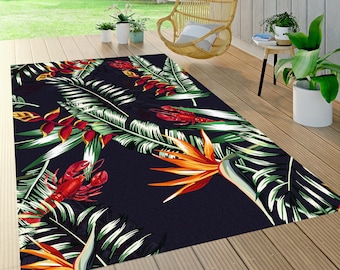 Floral Outdoor Rug: Tropical Lobster Art,Waterproof Patio Rug, Balcony Decor Rug, Garden Area Rug, Boho Flower Outdoor Carpet, Summer Decor