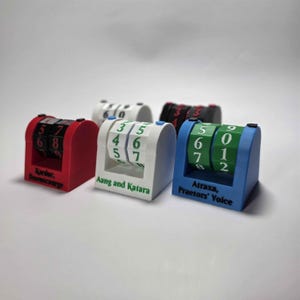 May include: A set of four plastic life counters for tabletop gaming, featuring red, white, and blue bases with rotating numbered wheels. The counters are labelled with text including Kardur, Doomscourge, Aang and Katara, and Atraxa, Praetors' Voice.