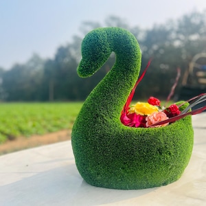 Animal Topiary Green Swan With Flower Pot  Is Made Of Fibreglass And Artificial Turf For Home, Garden And Outdoor