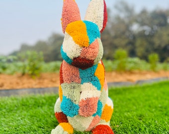 Animal Topiary Colourful Rabbit Both Hands Up is made of  fibreglass and artificial turf for home, garden, and outdoor