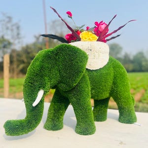 Animal Topiary Green Miniature Elephant With Flower Pot  Is Made Of Fibreglass And Artificial Turf For Home, Garden And Outdoor