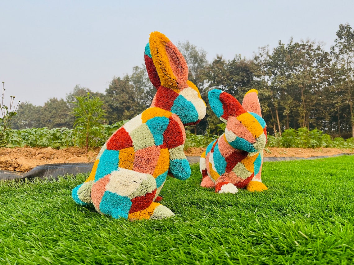 Colorful Artificial Turf Rabbit Topiary Pair - Handmade Garden Decor - Etsy