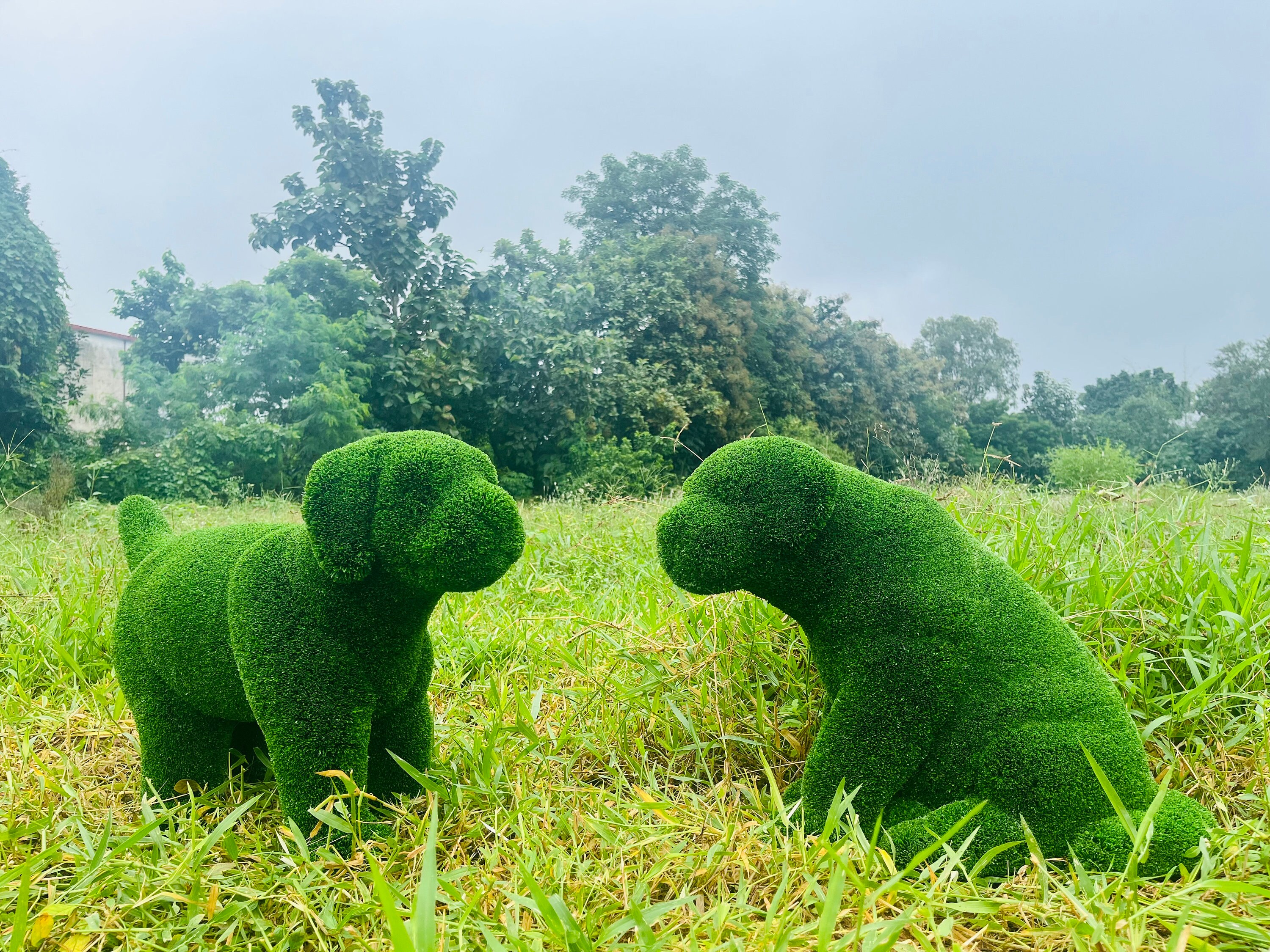 Animal Topiary Green Dog Puppy Pair is Made of Fibreglass and