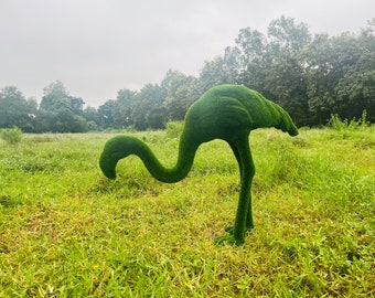 Animal Topiary Green Flamingo Bending Down Is Made Of Fibreglass And Artificial Turf For Home, Garden And Outdoor