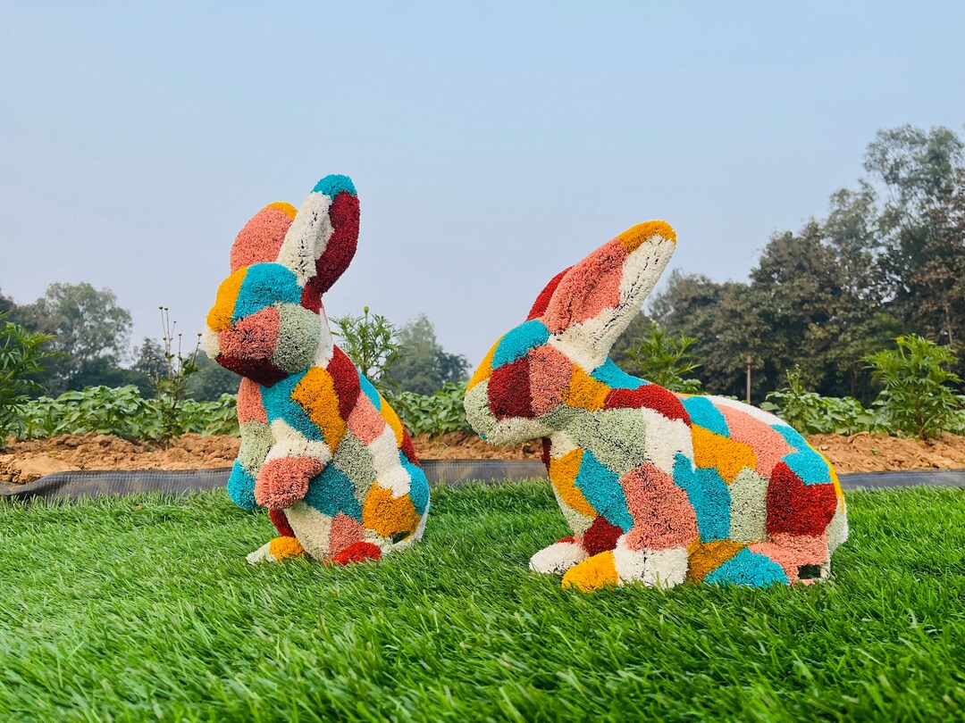Colorful Artificial Turf Rabbit Topiary Pair - Handmade Garden Decor - Etsy