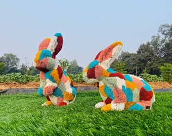 Animal Topiary Colourful Rabbit Pair Is Made Of Fibreglass And Artificial Turf For Home, Garden And Outdoor