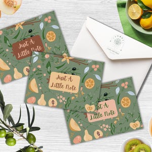 Sappige kleine notitie salie kleuruitbarsting afdrukbare 7 x 5 notitiekaart | Set van 3 blanco binnenkant | Directe digitale download | Zelf printen en vouwen | Fruit