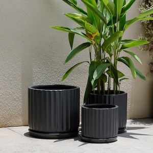 Indoor/Outdoor Large Nordic Minimalist Fiberstone Lightweight Round Planter Pot w/ Saucer - 16, 13, 11 inch Matte Finish - Suitable for Palm