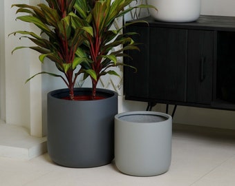 Indoor/Outdoor Large Nordic Minimalist Fiberstone Lightweight Round Cylinder Planter Pot - 12, 9 inch Matte Finish - Ficus Fiddle Fig