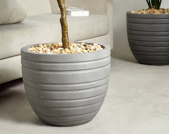 Indoor/Outdoor Large Nordic Minimalist Fiberstone Lightweight Round Planter Pot - 21, 18, 15 inch Cement Finish - Suitable for Rubber Fig