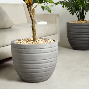 Indoor/Outdoor Large Nordic Minimalist Fiberstone Lightweight Round Planter Pot - 21, 18, 15 inch Cement Finish - Suitable for Rubber Fig
