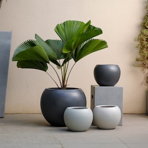 Indoor/Outdoor Large Nordic Minimalist Fiberstone Lightweight Round Curve Balloon Ball Tapered Decor Planter Pot - 16, 10 in Matte Finish