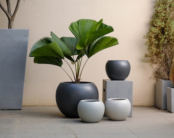 Indoor/Outdoor Large Nordic Minimalist Fiberstone Lightweight Round Curve Balloon Ball Tapered Decor Planter Pot - 16, 10 in Matte Finish