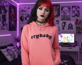 Crybaby Embroidered Hoodie | Pigment Dyed Dark Streetwear Fashion Goth Emo Punk Gift