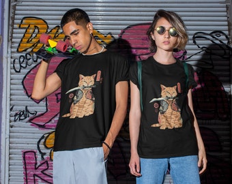 T-shirt unisexe japonais Catana Cat Samurai | Streetwear, mode, cadeau pour la Saint-Valentin, amoureux des chats, petite amie, petit ami, meilleur ami