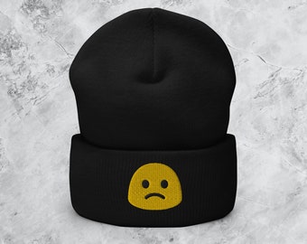 Sad Emoji Beanie | Black Embroidered Crying Face Winter Hat