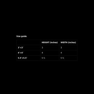 May include: Size guide for square-shaped canvases. The table shows the dimensions in inches for three sizes: 3"x3", 4"x4", and 5.5"x5.5".