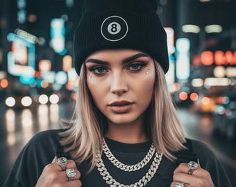 Czapka beanie 8 Ball | Ciemny streetwear, modny prezent w stylu gotyckim, emo punkowym