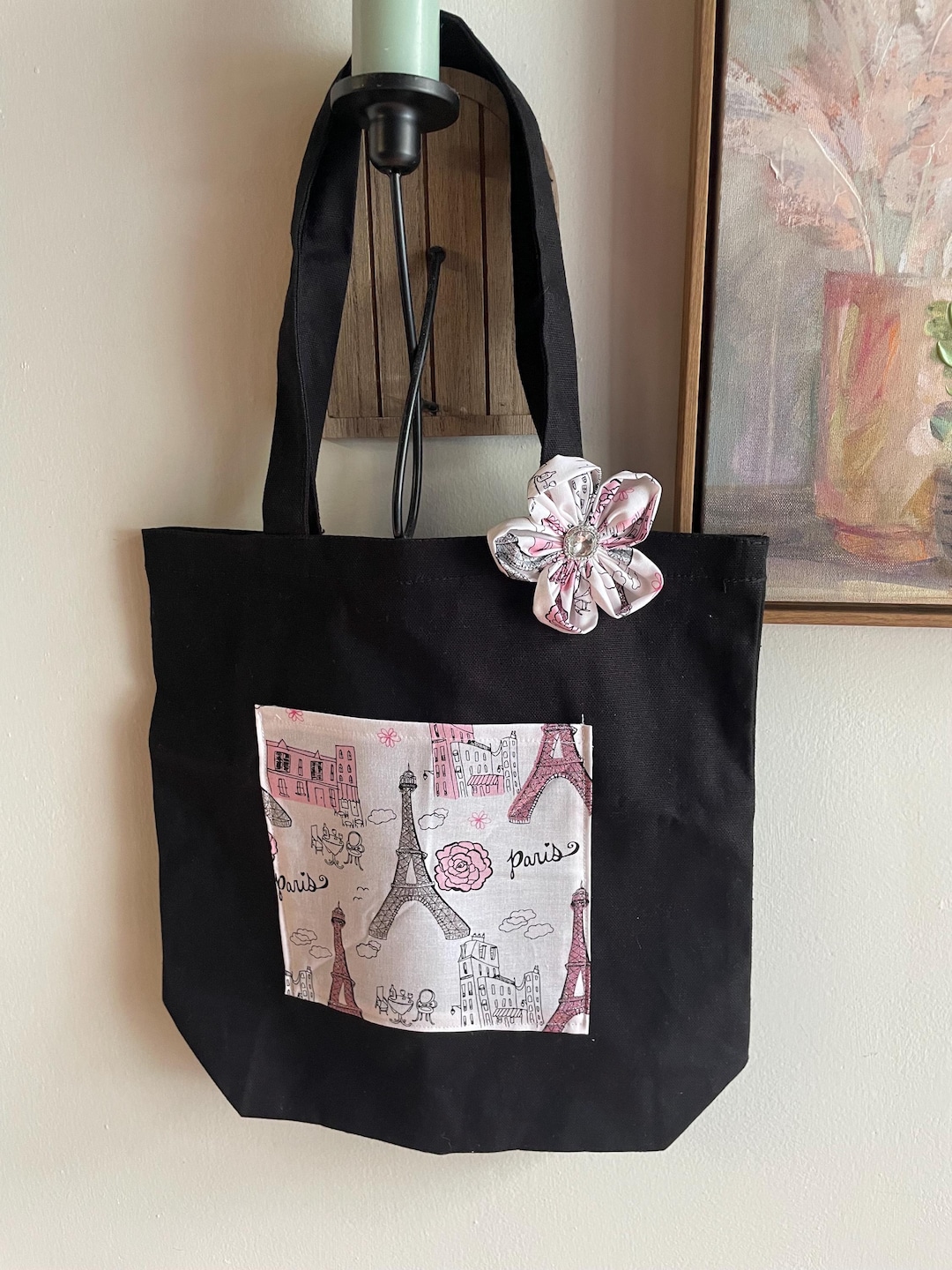 Paris Print Pattern Leather Tote Bag main image 1