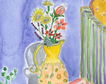 Illustrazione ad acquerello "Bouquet champêtre" floreale botanico colorato blu, poster vaso e fiori, cartolina