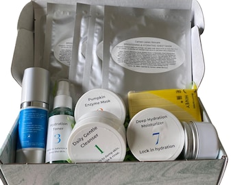 7 Step Skincare Set | At Home Facial Kit | Acne, Dry, Oily & Combination Skin | Esthetician Skincare Routine | Self Care Spa Kit
