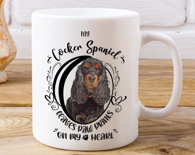 Cocker Spaniel Mug Paw Prints On My Heart White Coffee Mug Unique Dog Walker Gift 12oz Mug With Handle Dog Show Present For Mom Custom Dog