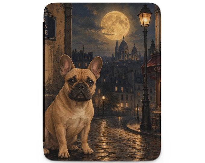 Kindle Case, Charming French Bulldog in Paris Moonlight, Fawn Frenchie E-Reader Cover, Romantic Parisian Night Scene