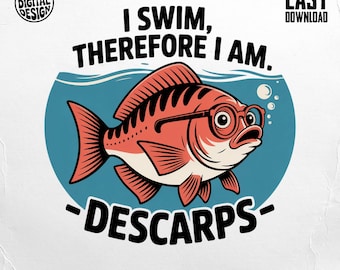 Imágenes prediseñadas de peces de Descartes, peces divertidos, Nado, luego existo, pez filósofo, descarga digital PNG, camiseta de peces, Descartes PNG