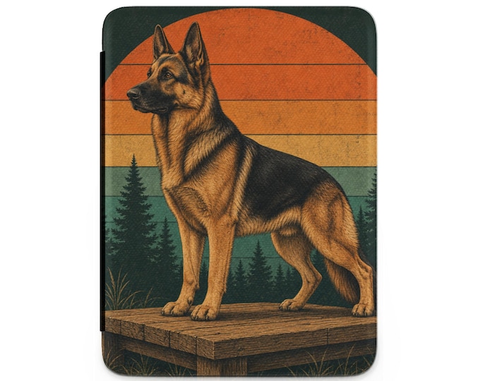 Kindle Case With German Shepherd Retro Sunset Art, Vintage Dog Lover Image, Rustic Forest Landscape, Canine Companion Print